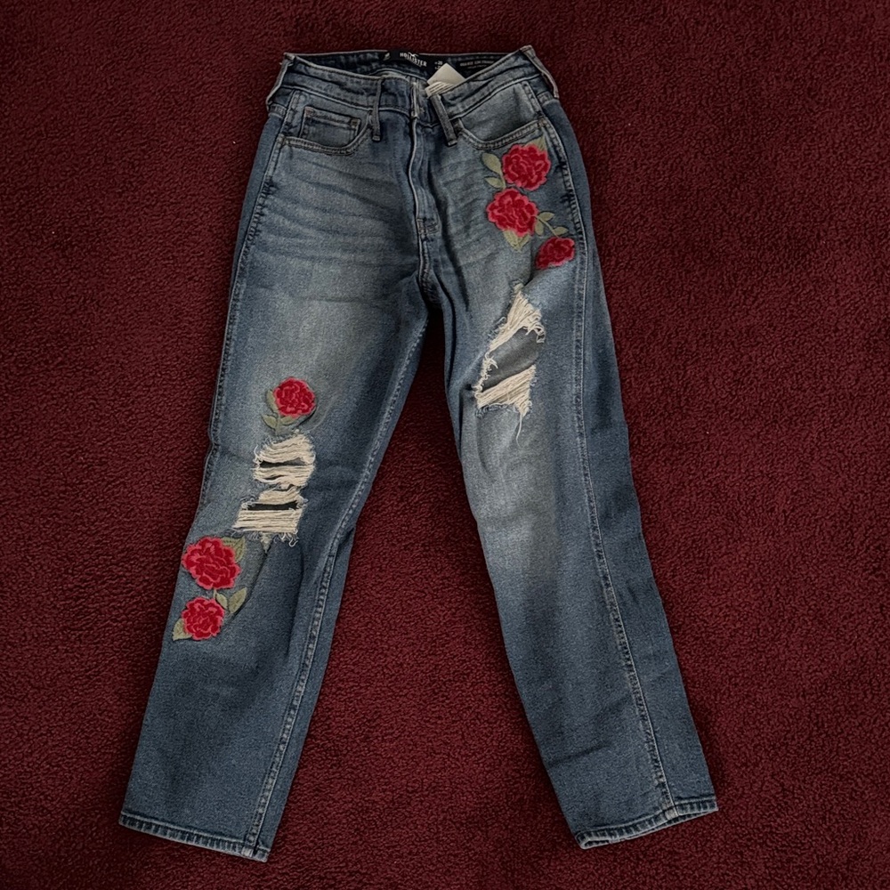 Hollister Embroidered Blue Jeans with Floral Design